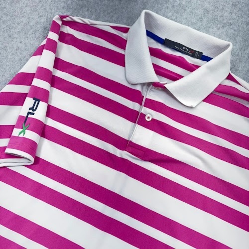 RLX Ralph Lauren Polo Shirt Mens Large Pink White Stripe Golf Golfing